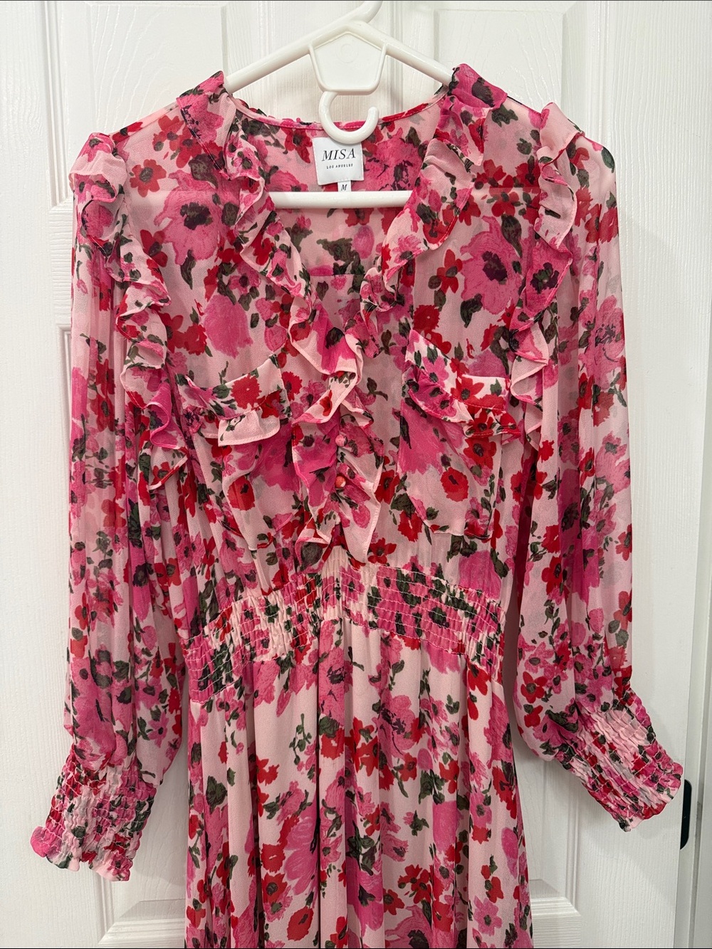 Misa Los Angeles Pink Floral Ruffle Handkerchief Dress Size Medium